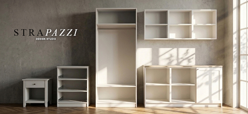 Bedside table, chest of drawers and wardrobe derived from the same base carcass