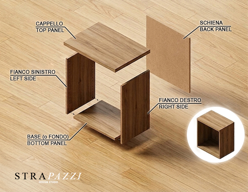 Exploded view of a base cabinet carcass