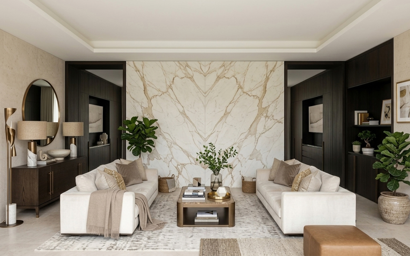 Contemporary Classic interior with Calacatta marble walls, symmetrical dark oak joinery, bronze hardware and silk velvet sofa