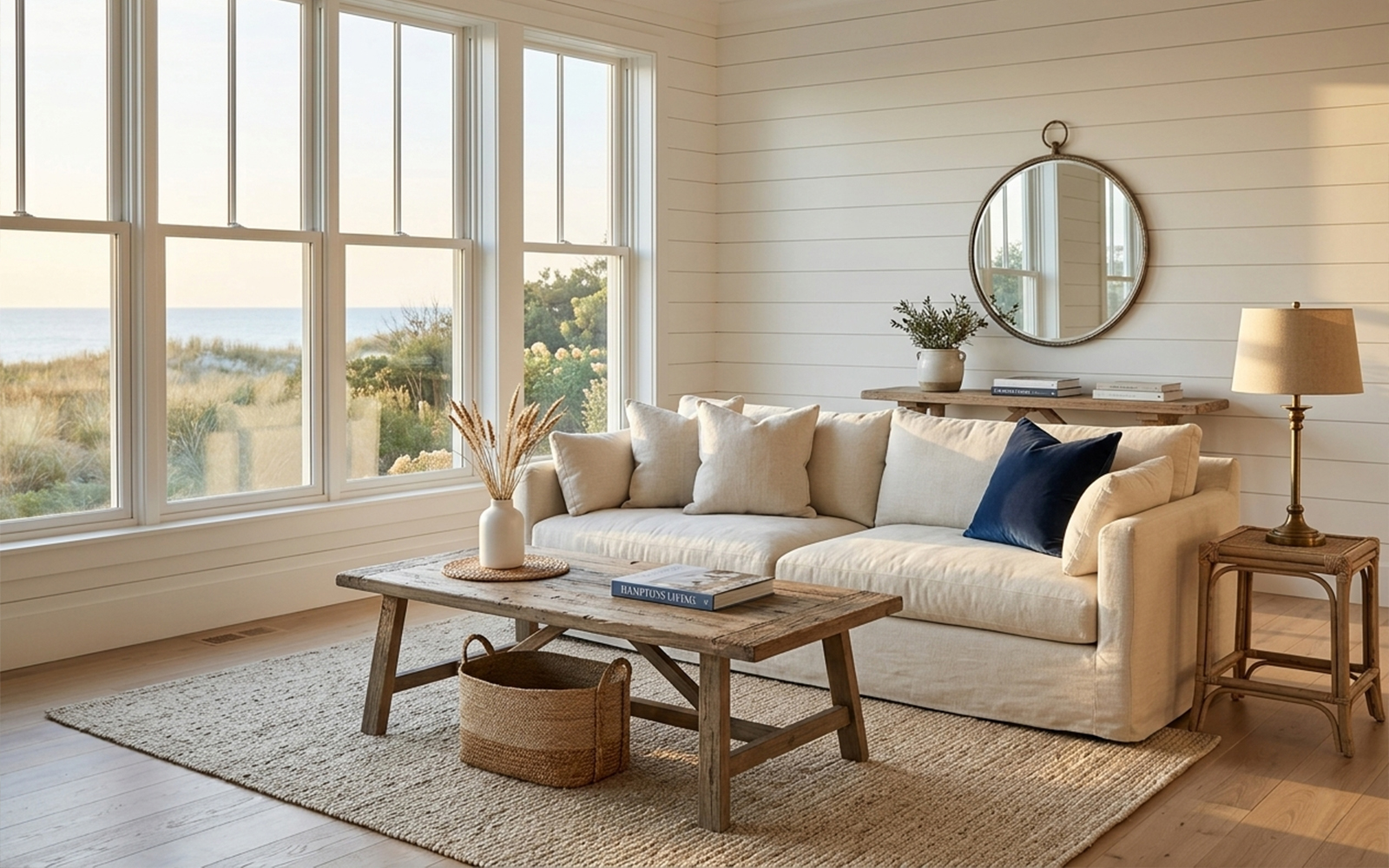 Coastal Hamptons living room with bleached oak floors, white shiplap walls, linen sofas and navy accents