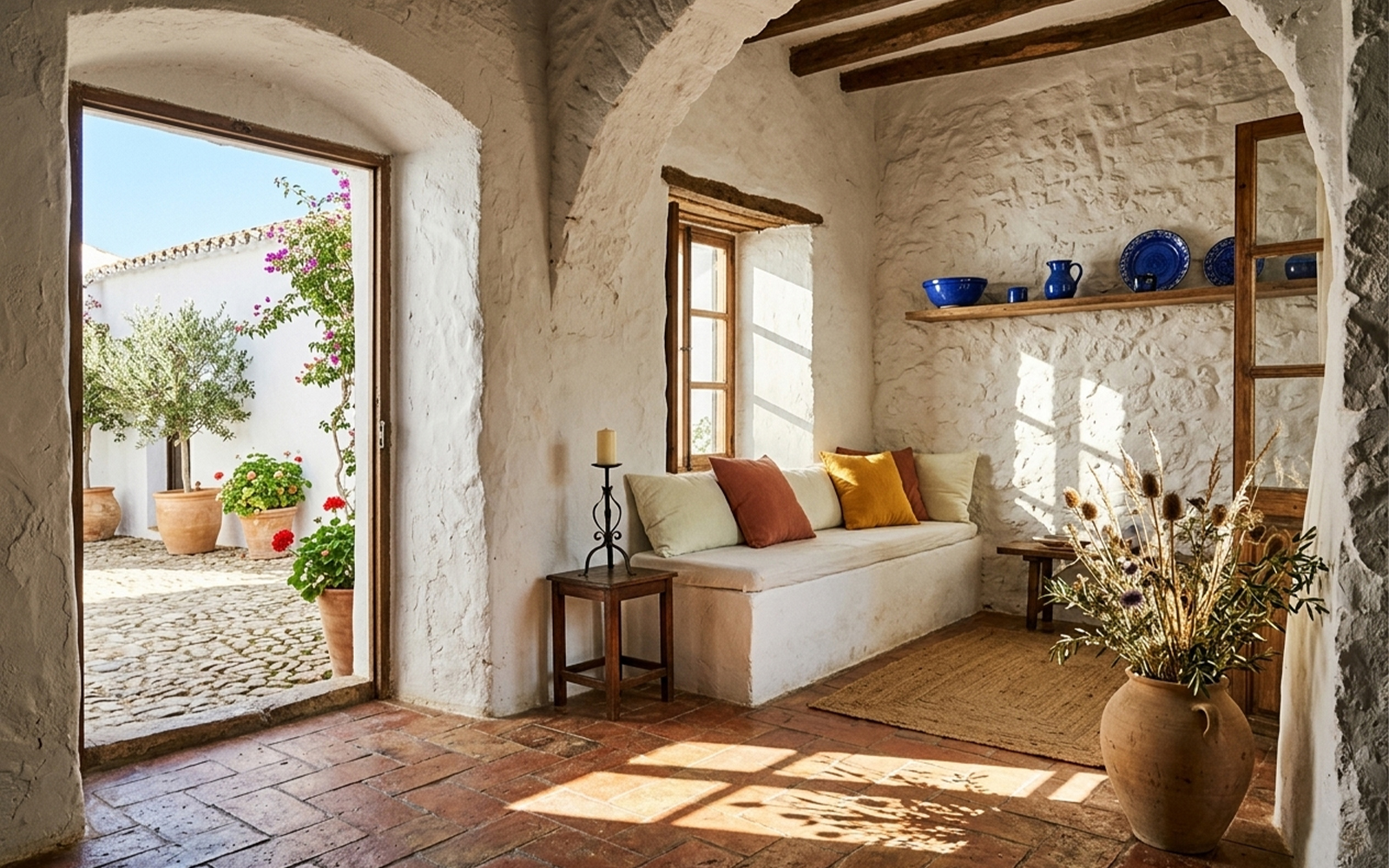 Mediterranean interior with rough white plaster walls, arched openings, terracotta floor tiles and cobalt blue ceramic accents