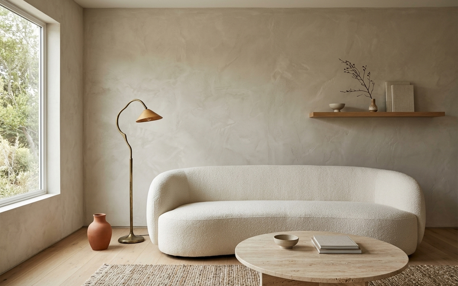 Organic Modern living room with curved bouclé sofa, travertine coffee table, raw plaster walls and aged brass lamp