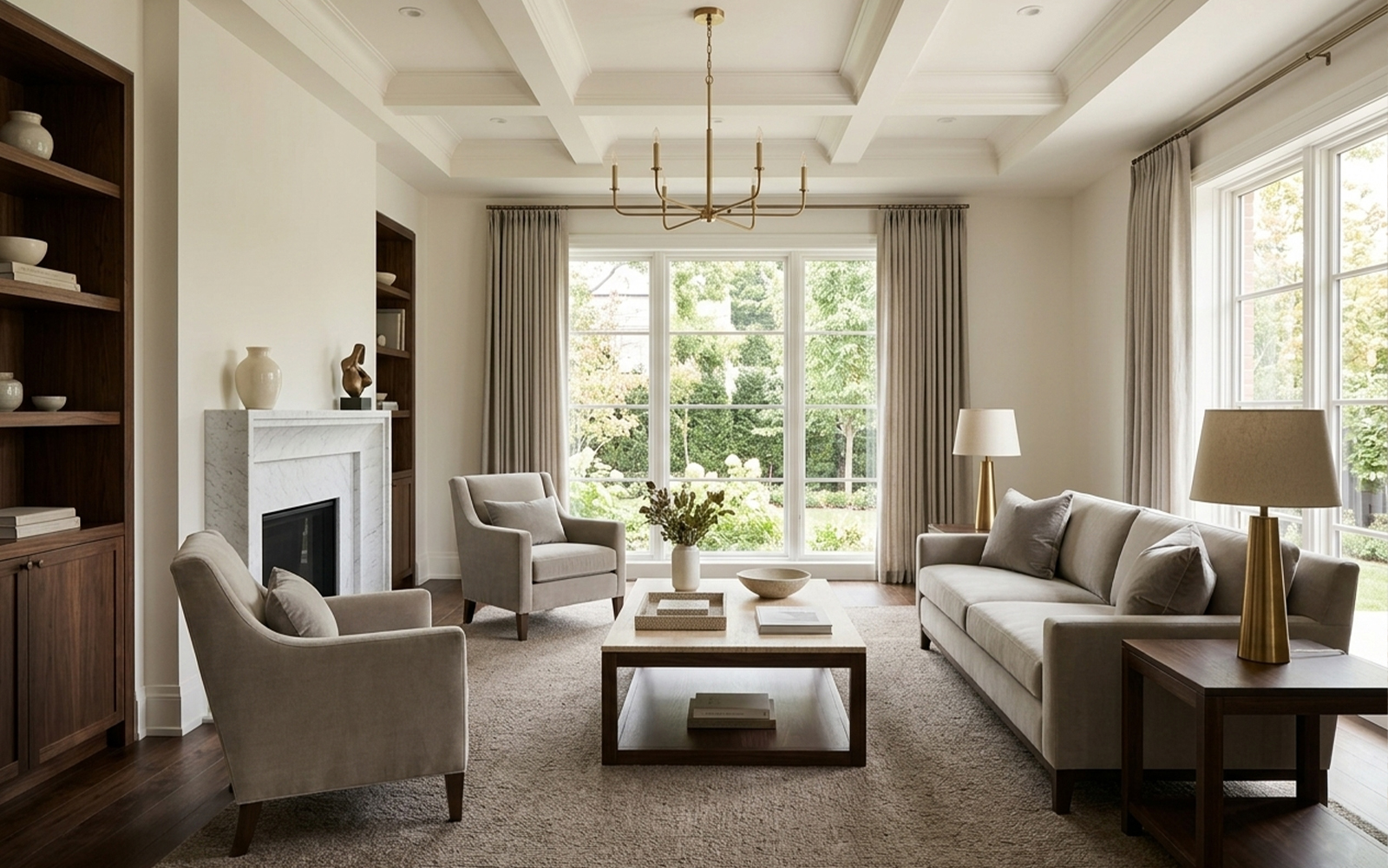 Transitional living room with clean-lined upholstered sofa, walnut side table, honed marble fireplace and brushed brass fixtures