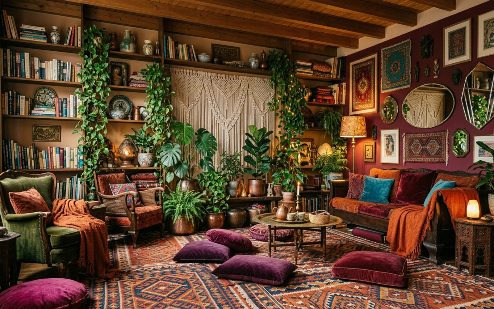 Bohemian interior with layered kilim rugs, coloured velvets, plants and ethnic objects