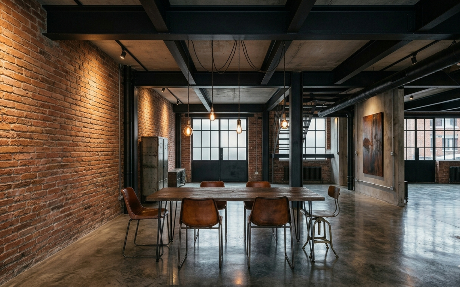 Industrial loft with exposed steel beams, bare brick walls, concrete floor and bare-cable pendant lighting