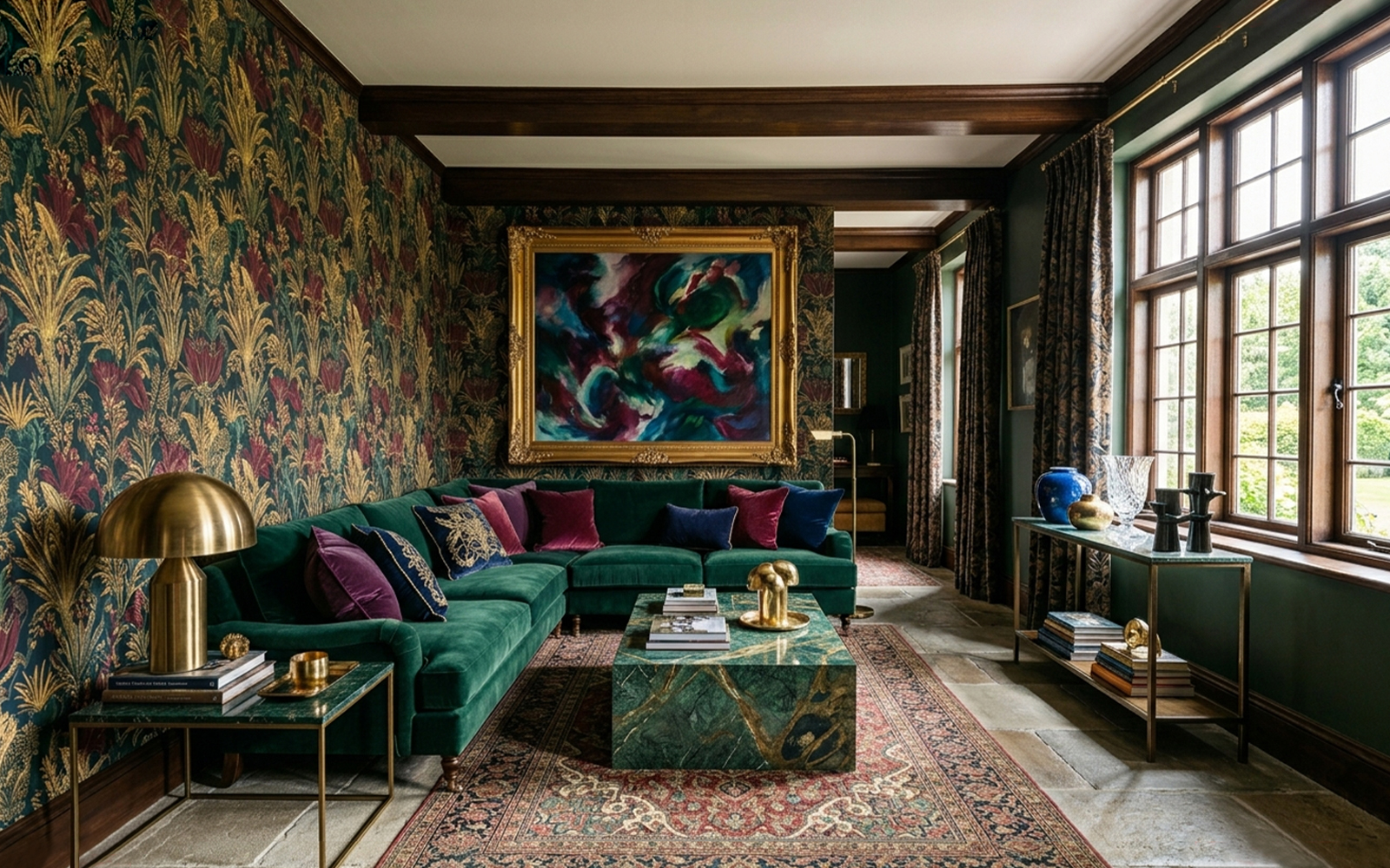 Maximalist interior with jewel-tone velvets, green marble, brass and dominant artwork