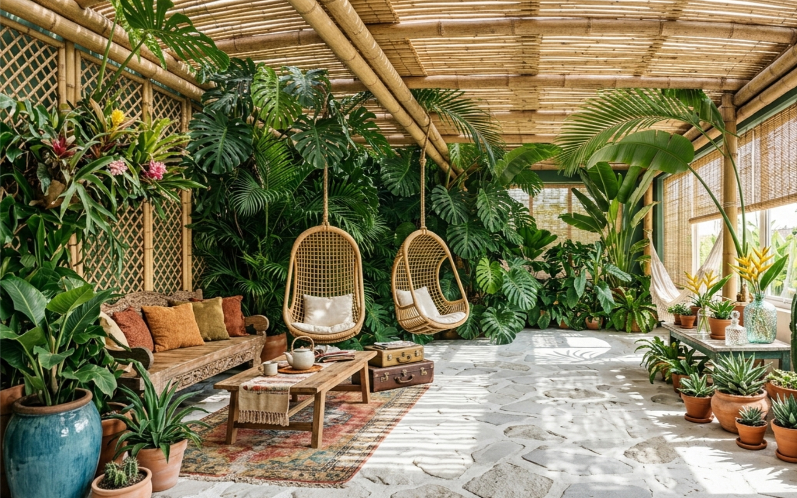 Biophilic interior with abundant tropical plants, filtered natural light, rattan and stone
