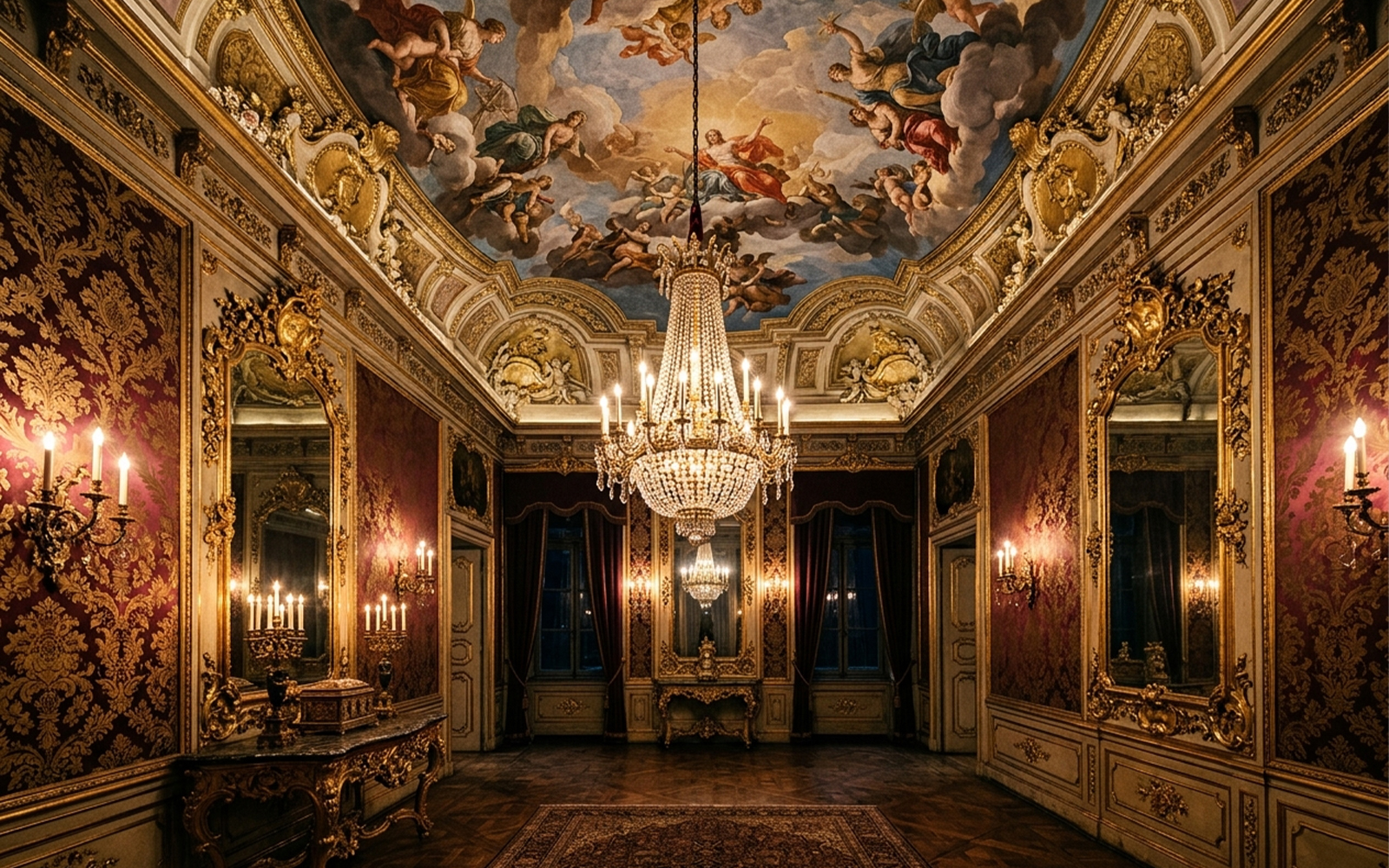 Baroque salon with frescoed ceiling, gilded mirror frames and crystal chandelier