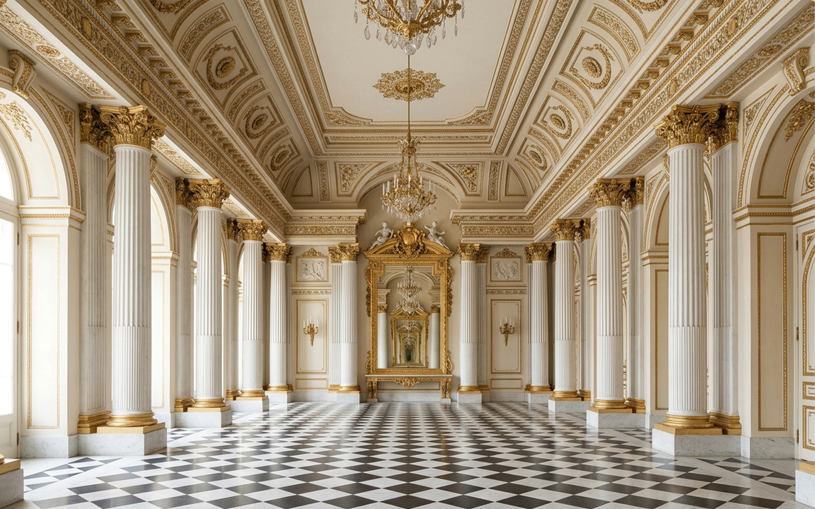 Neoclassical salon with columns, gilded stucco and black-and-white marble chequered floor