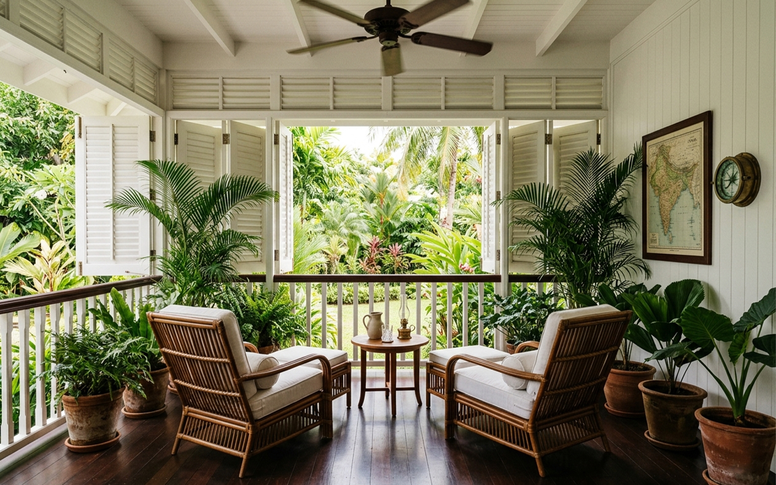 Colonial veranda with teak and rattan furnishings, ceiling fan and tropical plants