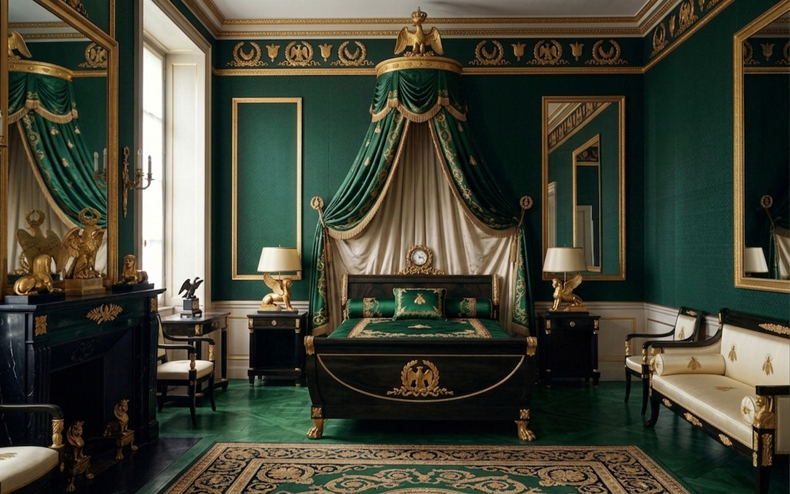 Empire Style room with dark mahogany, gilded bronzes and imperial striped fabrics