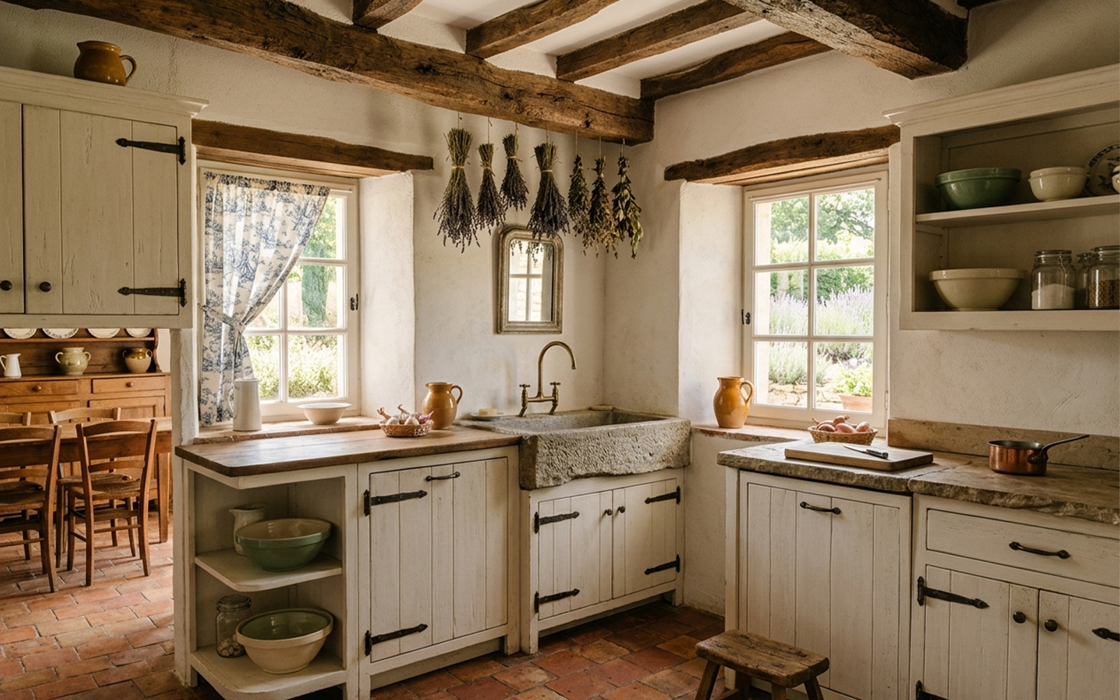 Provençal kitchen with exposed beams, bleached furniture and printed cotton fabrics