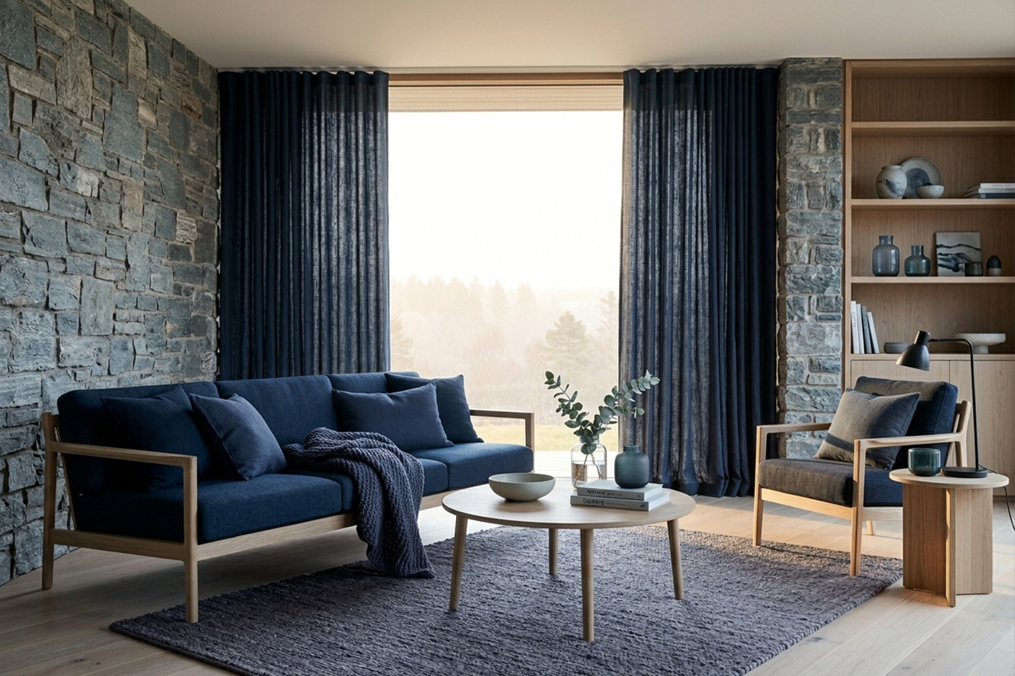 Interior with cool palette: stone grey, navy blue, Nordic white