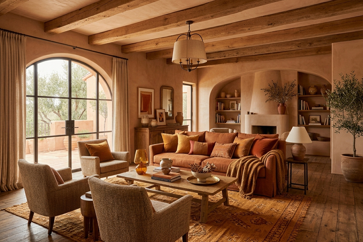 Interior with warm palette: terracotta, ochre, amber wood