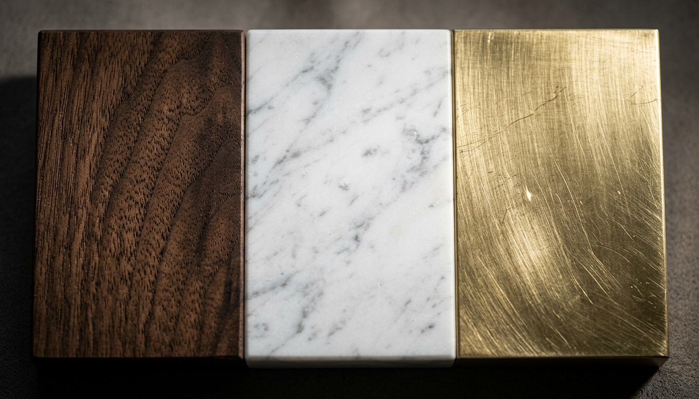 Material pairing: walnut wood, marble and brushed brass
