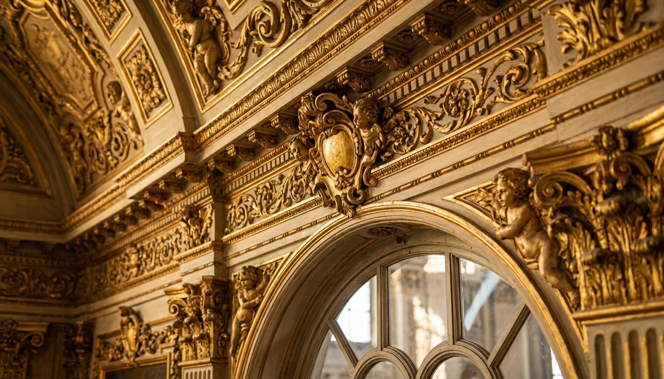 Baroque ornamental detail: gilded mouldings and decorative cornices