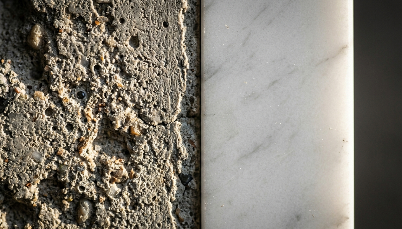 Texture contrast: raw concrete and polished marble