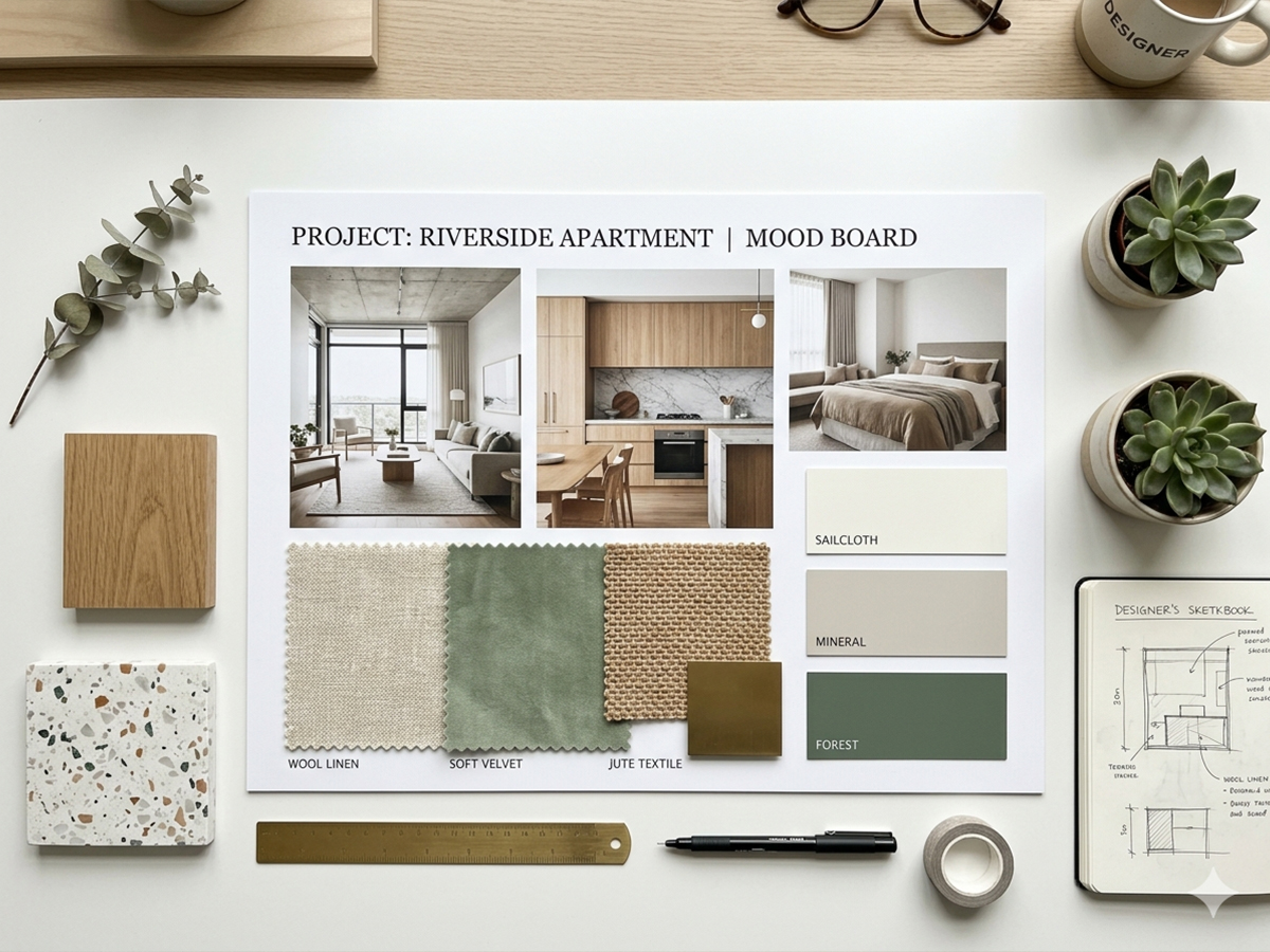 Professional MoodBoard: material samples, photographic references and colour palette
