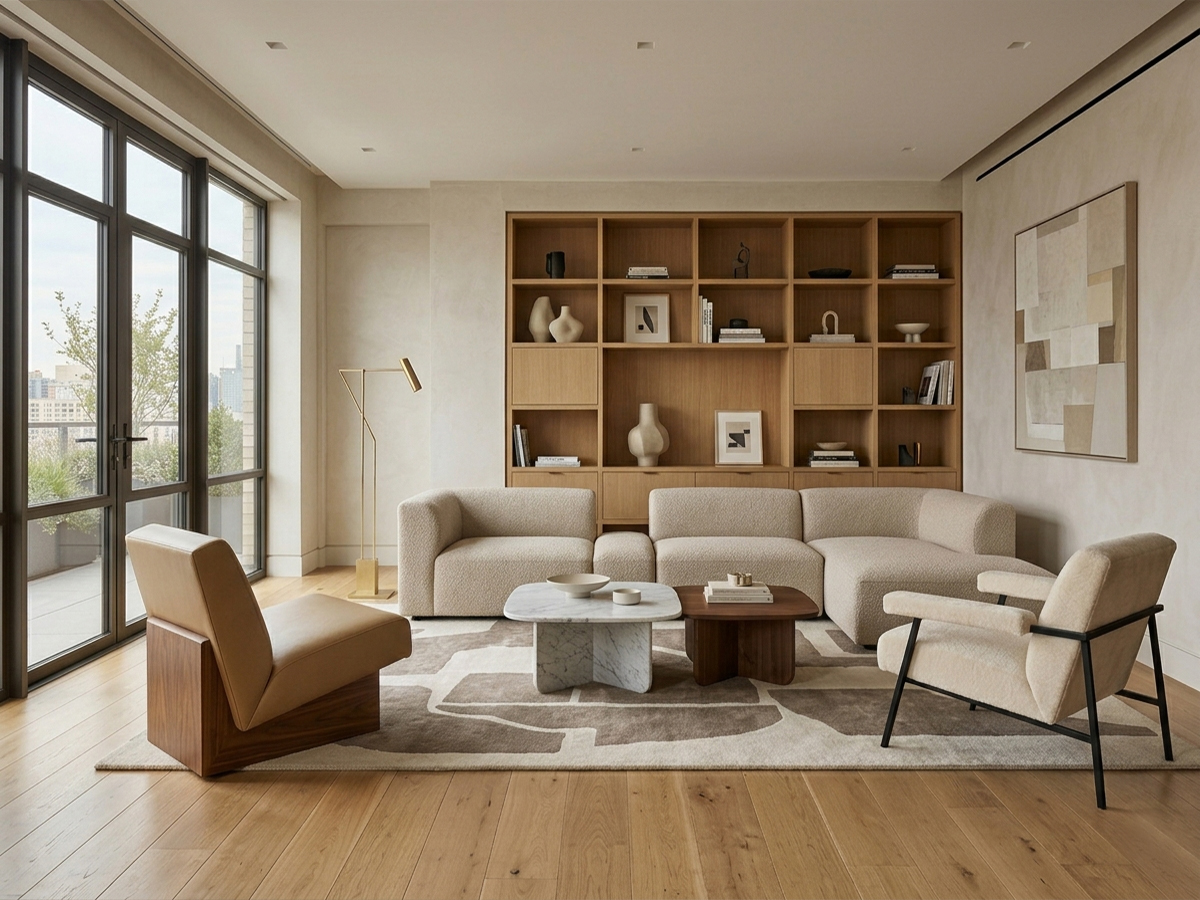 Interior with legible style: form, materials and light in coherent balance