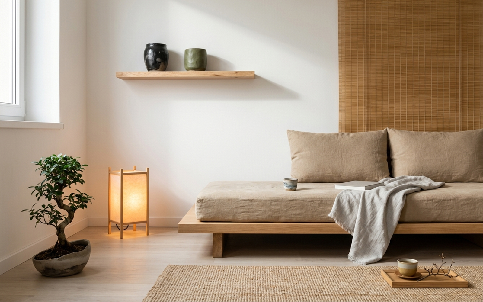 Japandi interior with natural wood, handmade ceramics, linen and clay pot plants