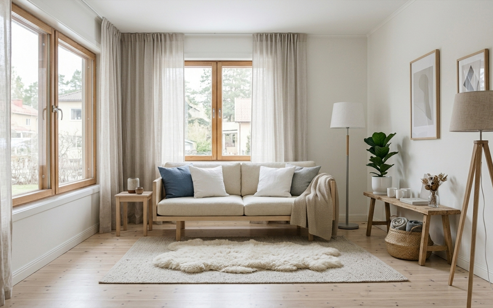 Scandinavian living room with white walls, light wood, soft textiles and plants