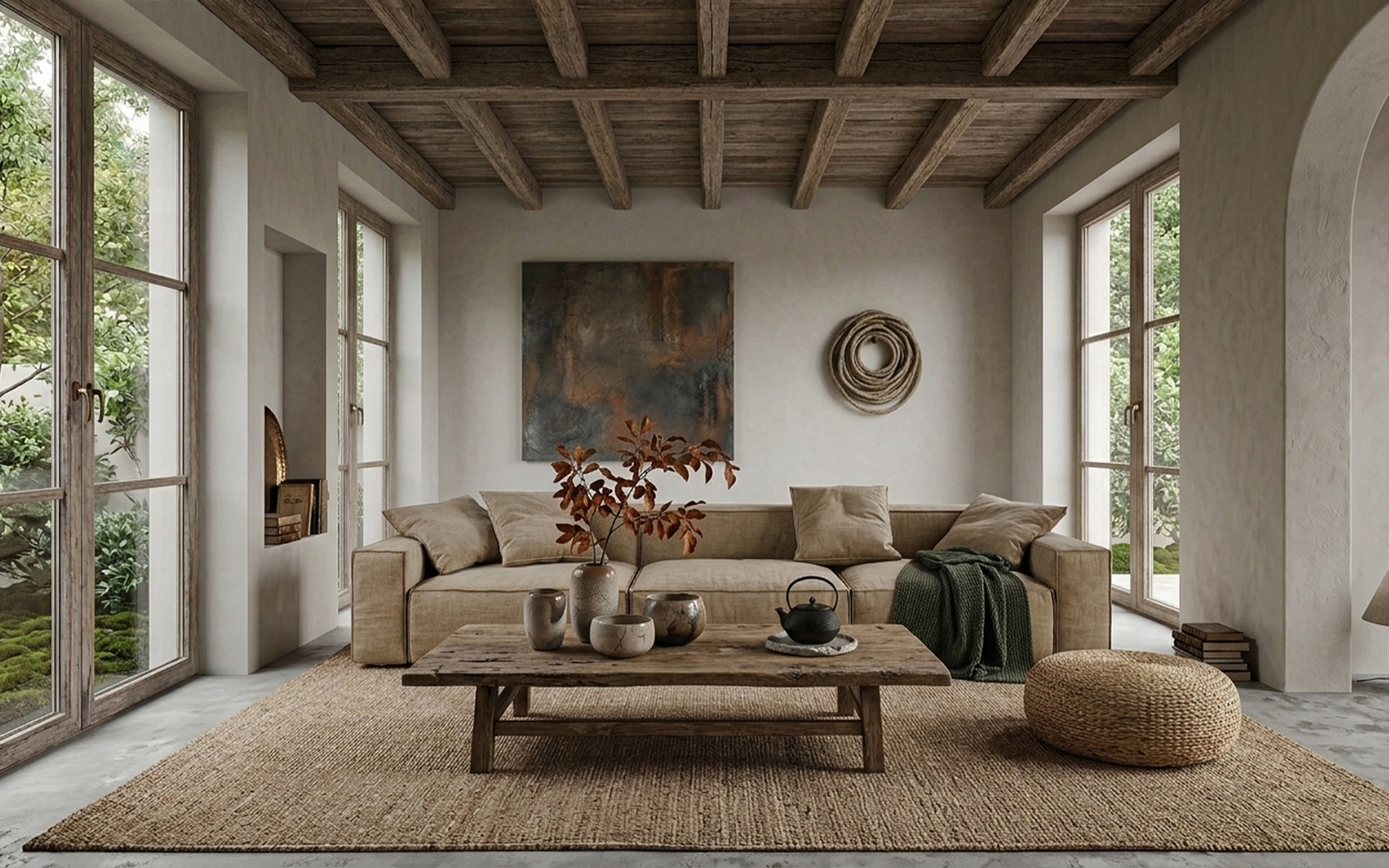 Wabi-Sabi interior with cracked plaster wall, imperfect handmade ceramics, darkened wood and rough stone