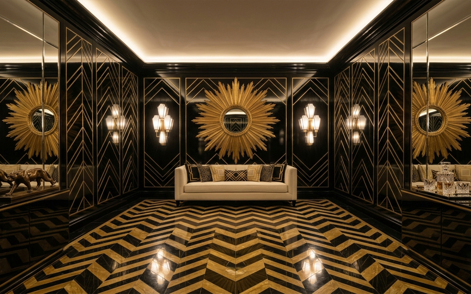 Art Déco interior with black lacquered boiserie, geometric brass inlays and chevron floor