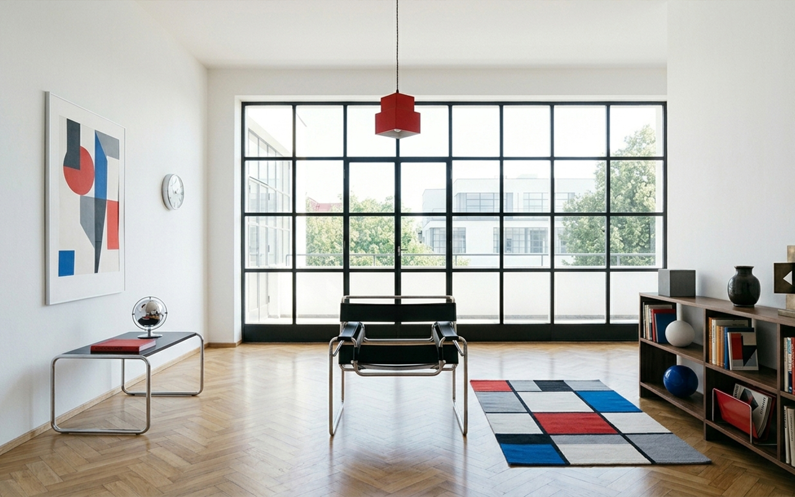 Bauhaus rationalist space with Wassily tubular steel chair, white walls and natural light