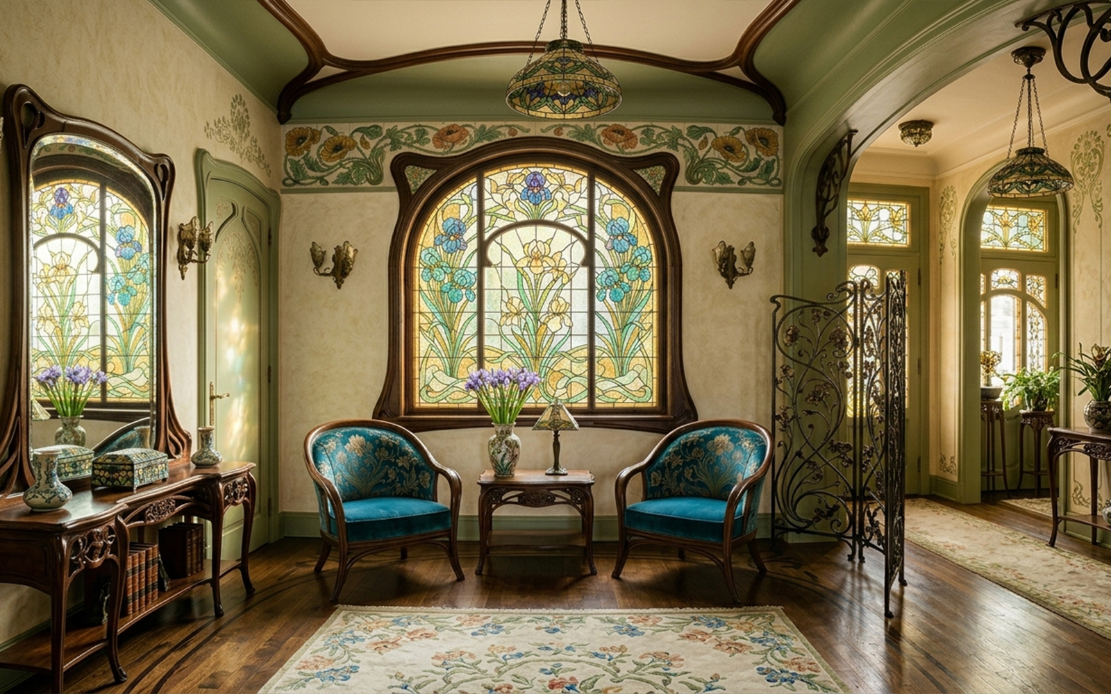 Liberty interior with Tiffany stained glass, bent wood furniture and floral motifs throughout