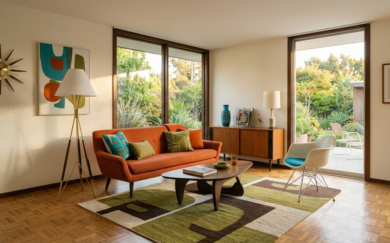 Mid-Century Modern living room with organic sofa, Eames chair, teak and sculptural floor lamp