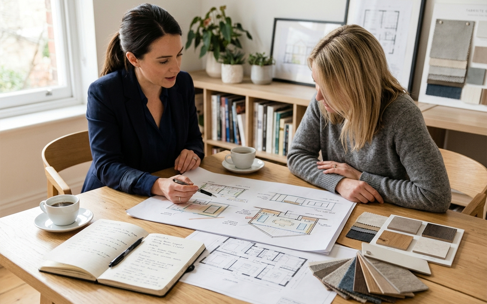 Designer and client seated in a brief meeting with sketches, samples and notes on the table