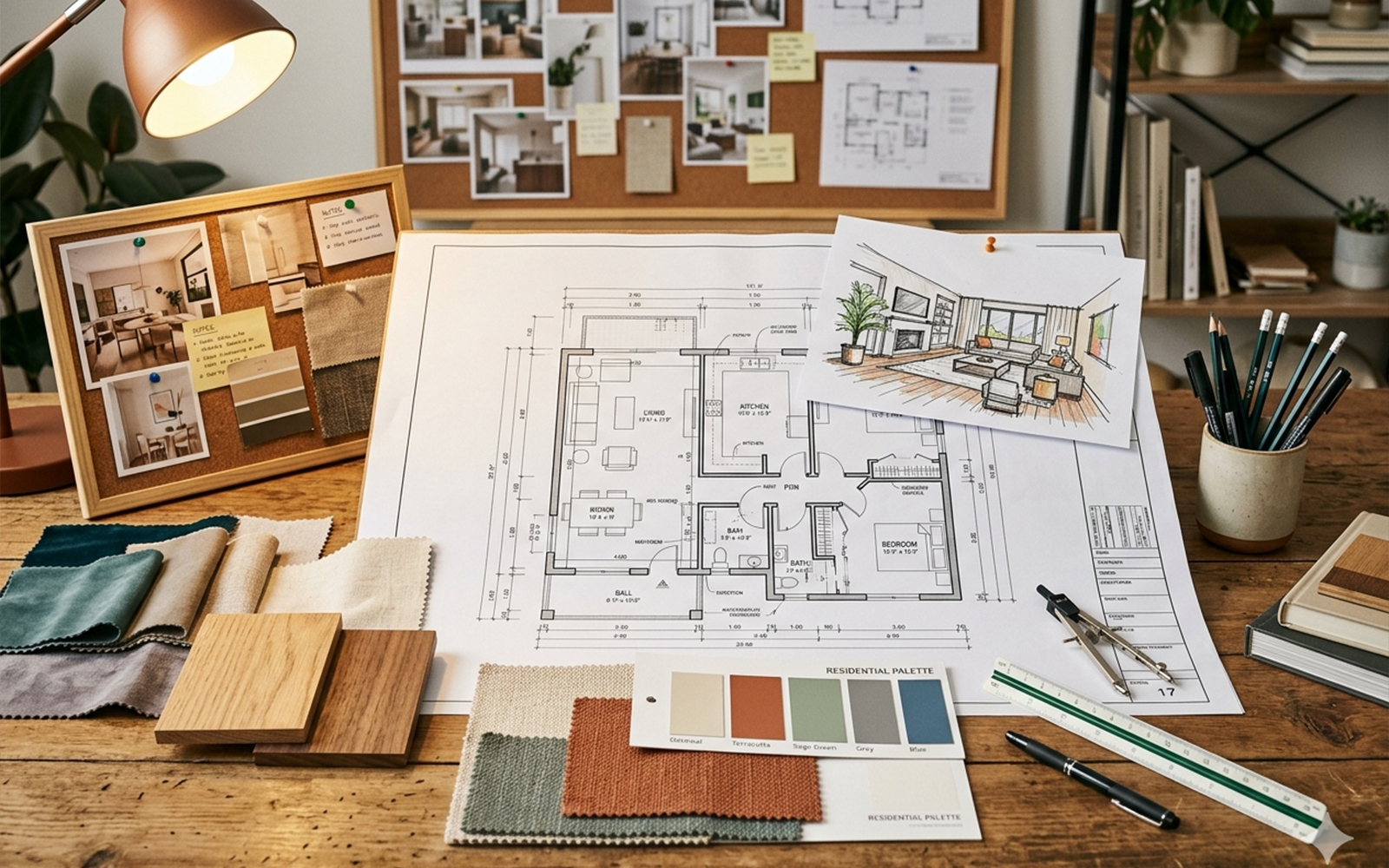 Design work table with floor plan, material samples, sketches and MoodBoard